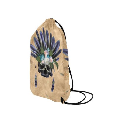 Cool skull with feathers and flowers Small Drawstring Bag Model 1604 (Twin Sides) 11"(W) * 17.7"(H)