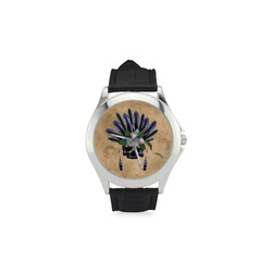 Cool skull with feathers and flowers Women's Classic Leather Strap Watch(Model 203)