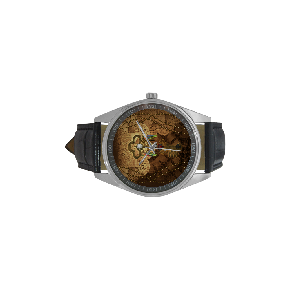 Steampunk, key with clocks, gears and feathers Men's Casual Leather Strap Watch(Model 211)