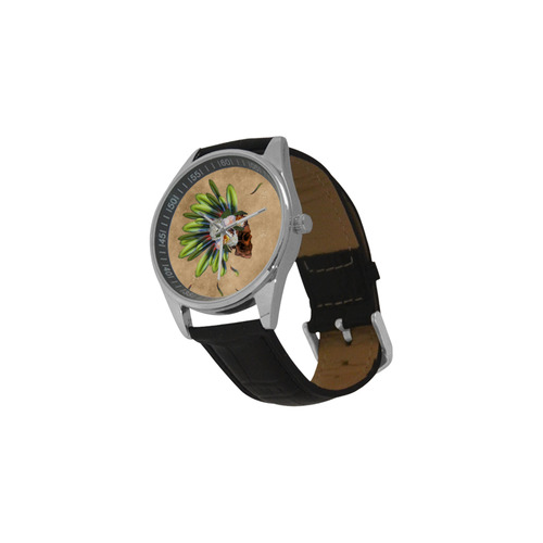 Amazing skull with feathers and flowers Men's Casual Leather Strap Watch(Model 211)