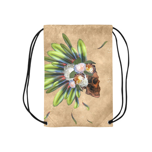 Amazing skull with feathers and flowers Small Drawstring Bag Model 1604 (Twin Sides) 11"(W) * 17.7"(H)