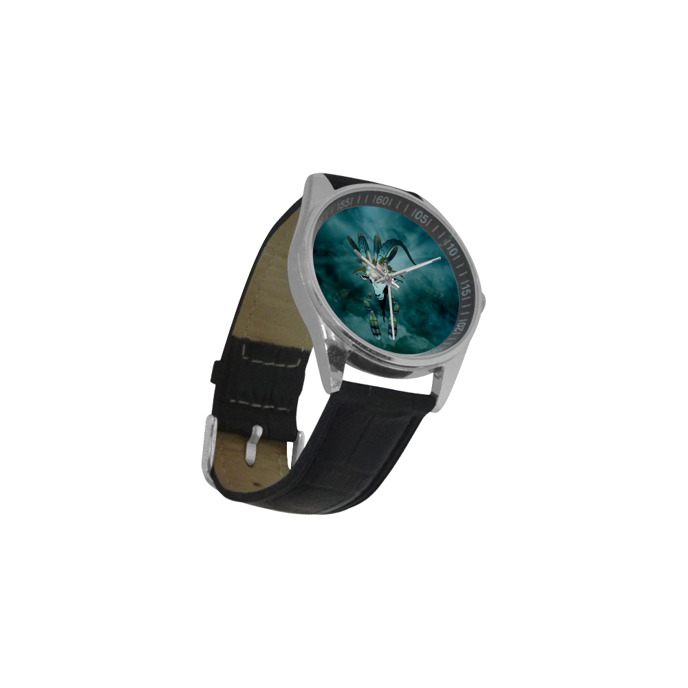 The billy goat with feathers and flowers Men's Casual Leather Strap Watch(Model 211)