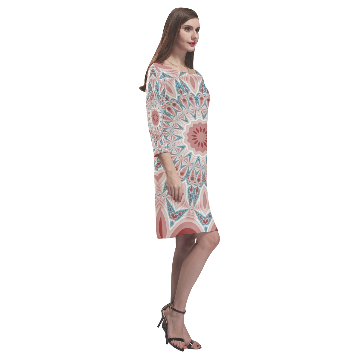 Modern Kaleidoscope Mandala Fractal Art Graphic Rhea Loose Round Neck Dress(Model D22)
