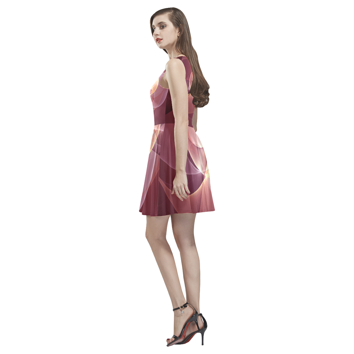 Movement Abstract Modern Wine Red Pink Fractal Art Thea Sleeveless Skater Dress(Model D19)