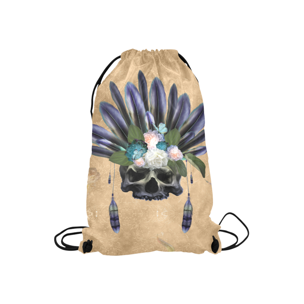 Cool skull with feathers and flowers Small Drawstring Bag Model 1604 (Twin Sides) 11"(W) * 17.7"(H)