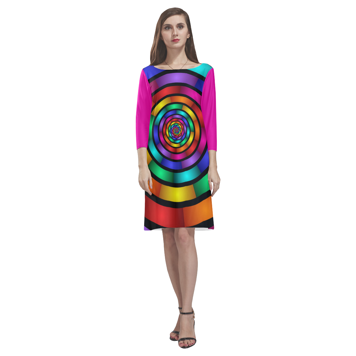 Round Psychedelic Colorful Modern Fractal Graphic Rhea Loose Round Neck Dress(Model D22)