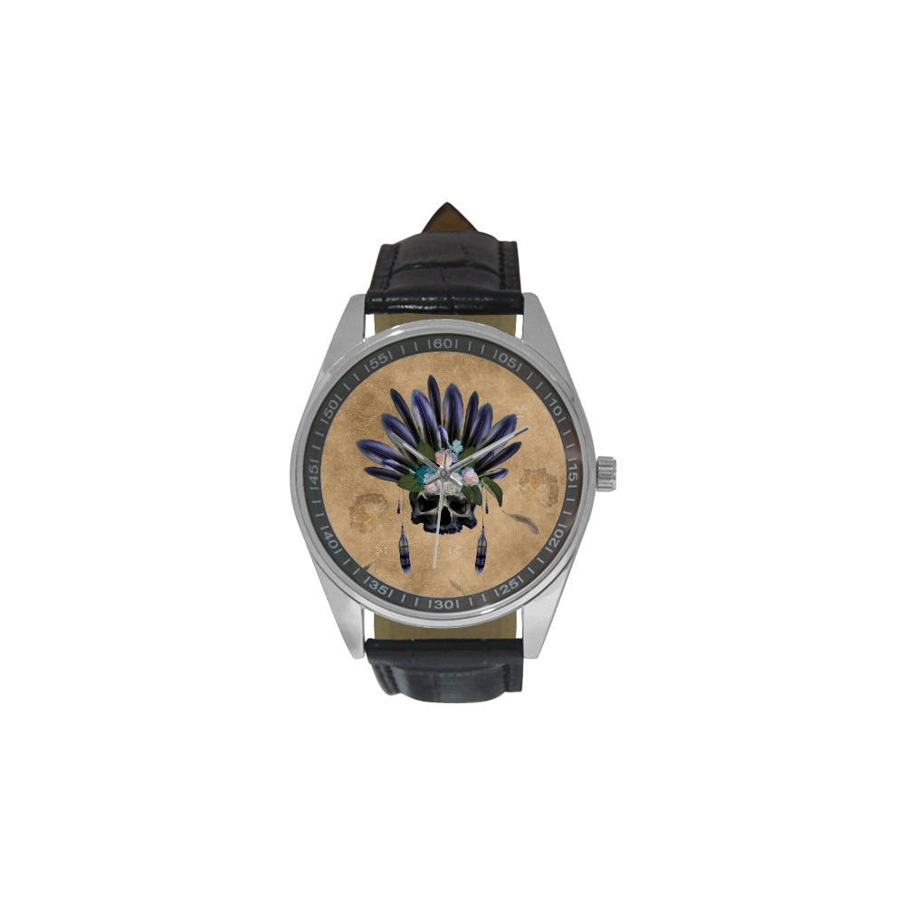 Cool skull with feathers and flowers Men's Casual Leather Strap Watch(Model 211)