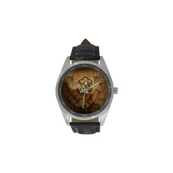 Steampunk, key with clocks, gears and feathers Men's Casual Leather Strap Watch(Model 211)