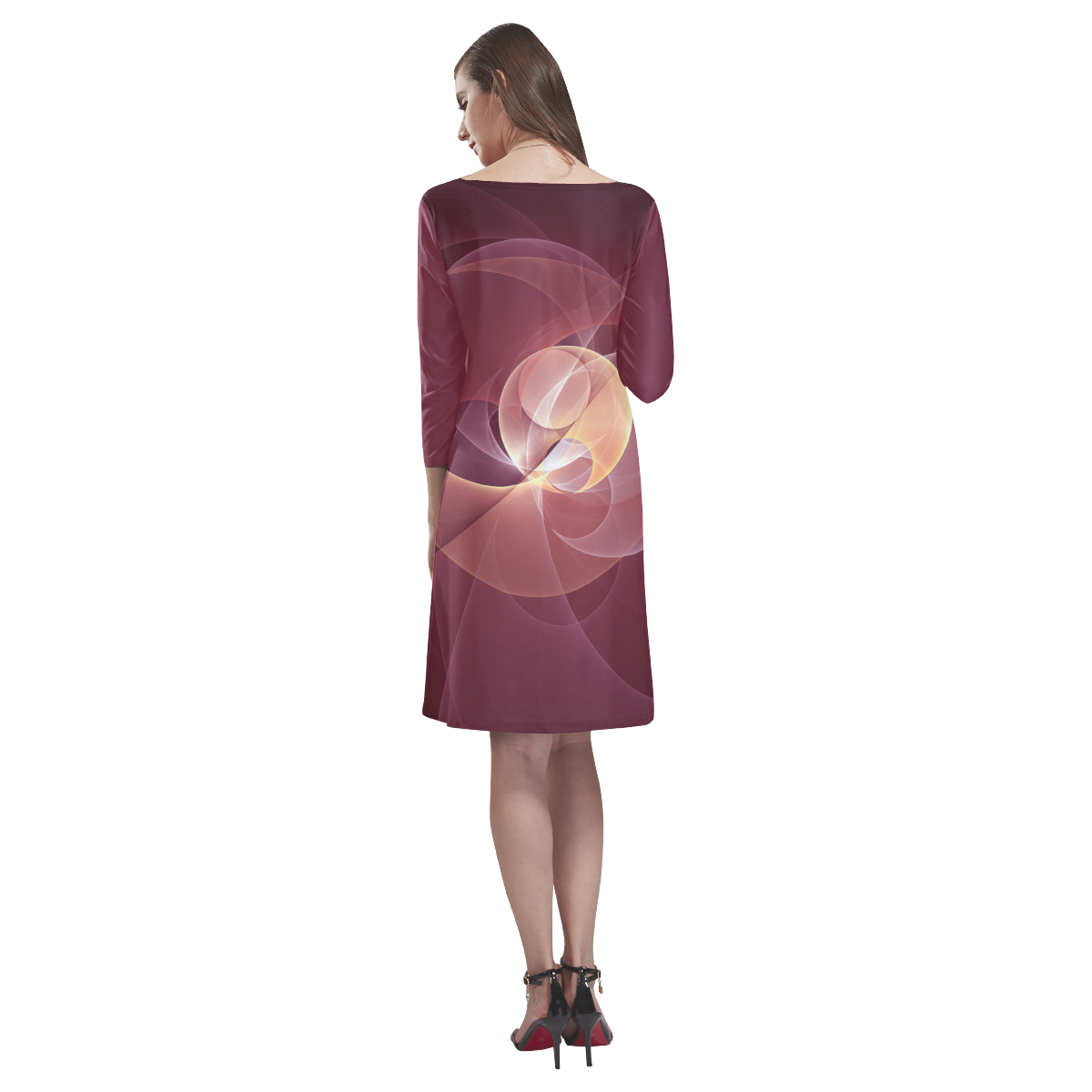 Movement Abstract Modern Wine Red Pink Fractal Art Rhea Loose Round Neck Dress(Model D22)