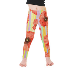 Watercolor STRIPES red POPPIES Blossoms Kid's Ankle Length Leggings (Model L06)