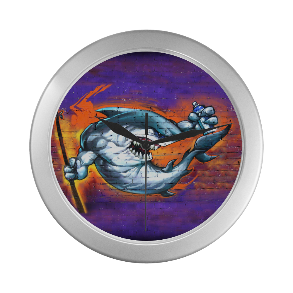 Graffiti Shark Brick Wall Silver Color Wall Clock