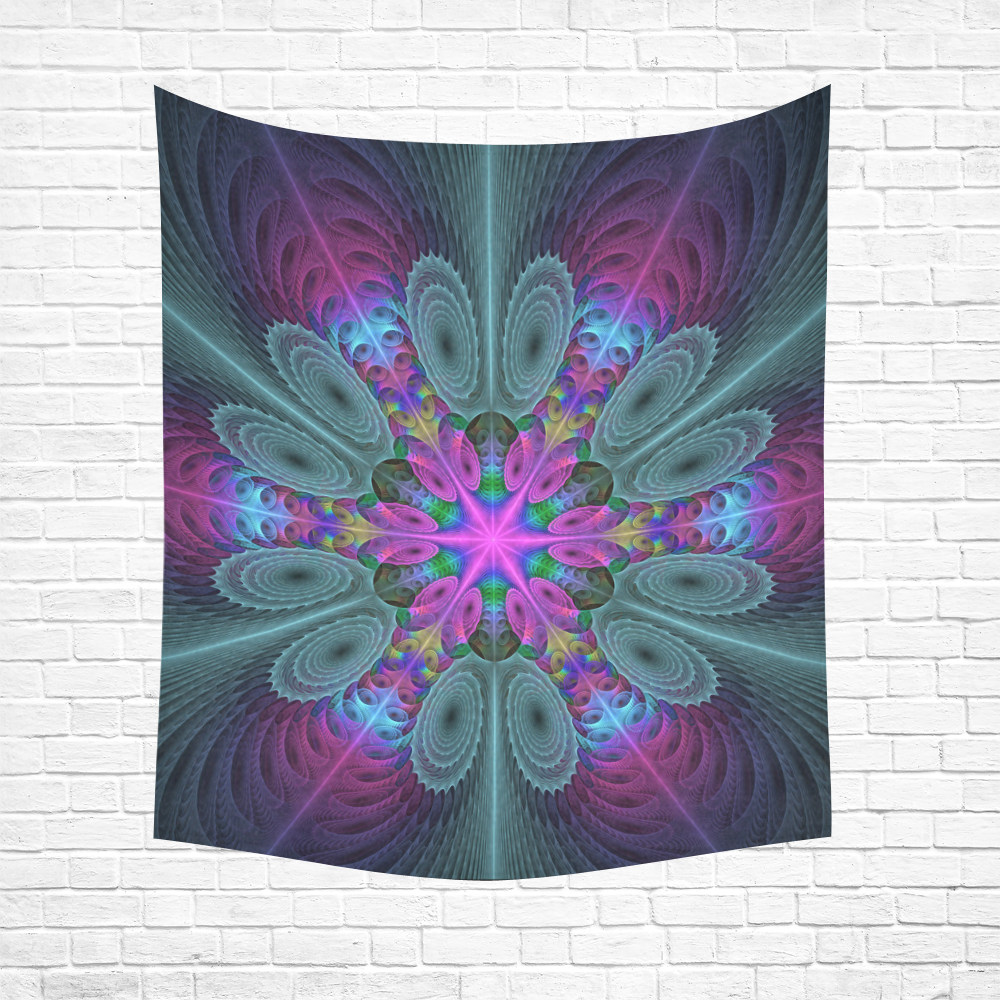 Mandala From Center Colorful Fractal Art With Pink Cotton Linen Wall Tapestry 51"x 60"