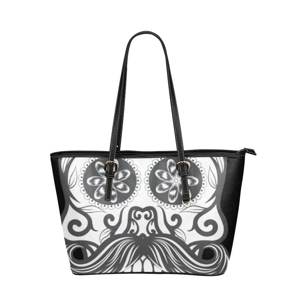 Sugar Skull Floral Pattern Beard Leather Tote Bag/Large (Model 1651)