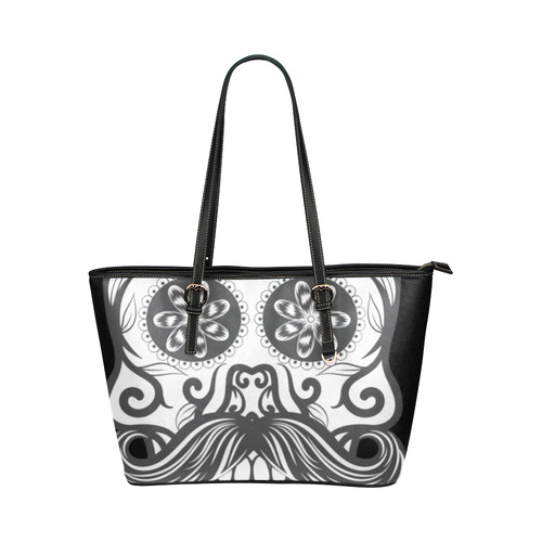 Sugar Skull Floral Pattern Beard Leather Tote Bag/Large (Model 1651)