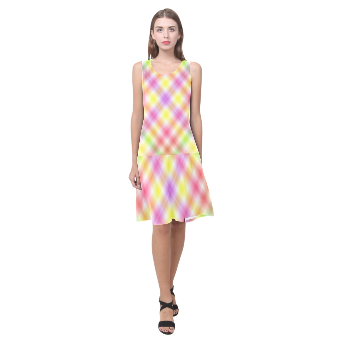 Multicolored Pastel Rainbow Tartan Plaid Sleeveless Splicing Shift Dress(Model D17)