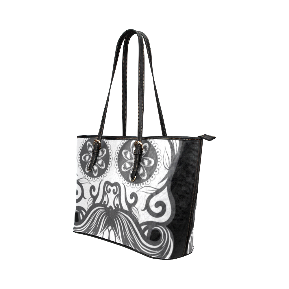 Sugar Skull Floral Pattern Beard Leather Tote Bag/Large (Model 1651)