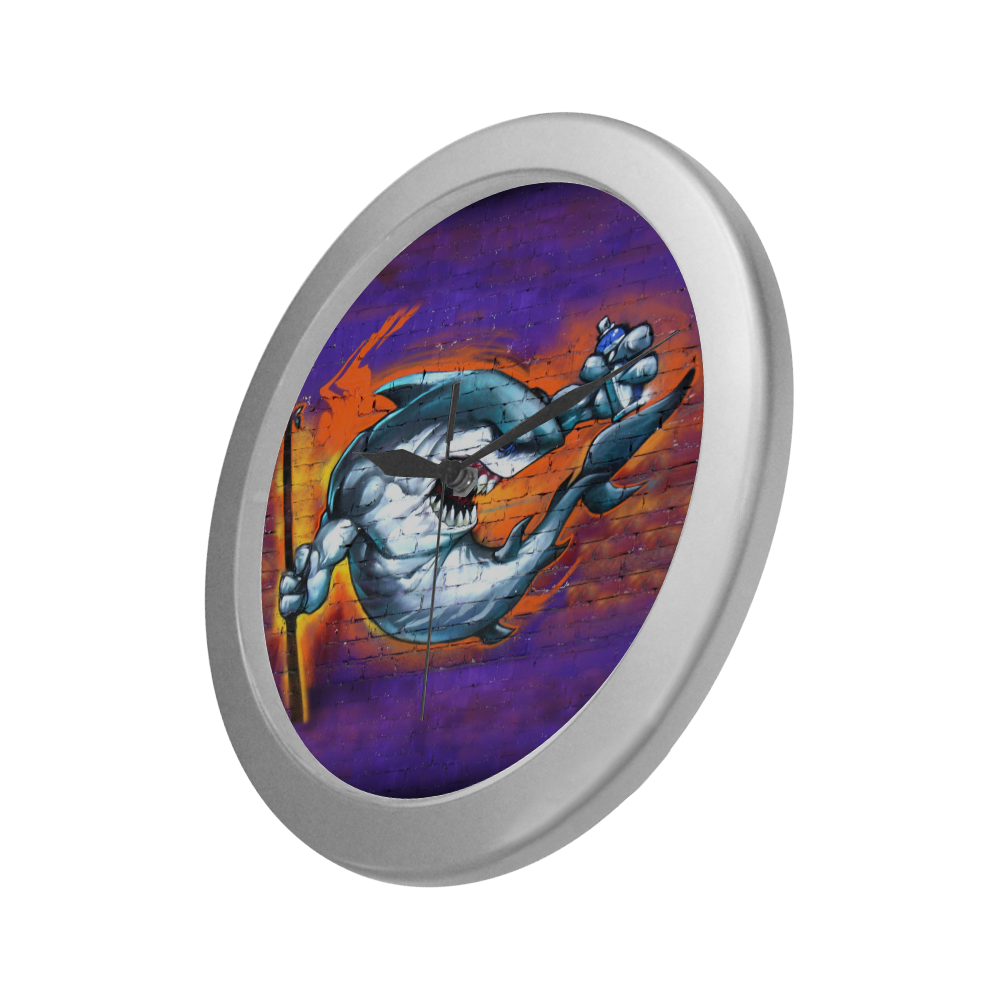 Graffiti Shark Brick Wall Silver Color Wall Clock