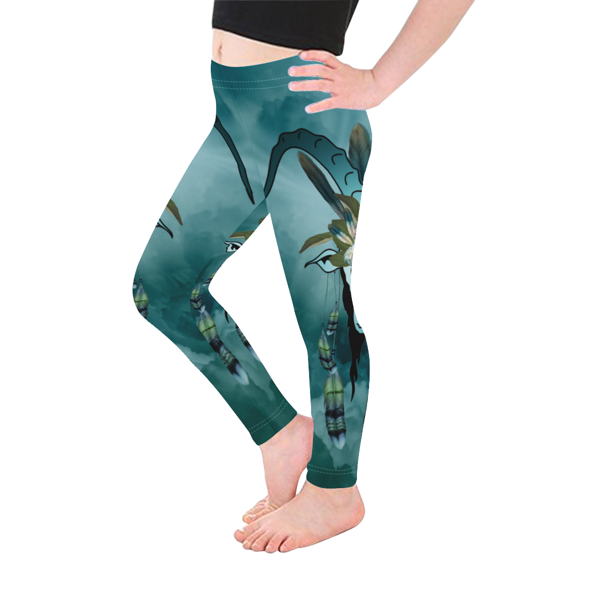 The billy goat with feathers and flowers Kid's Ankle Length Leggings (Model L06)