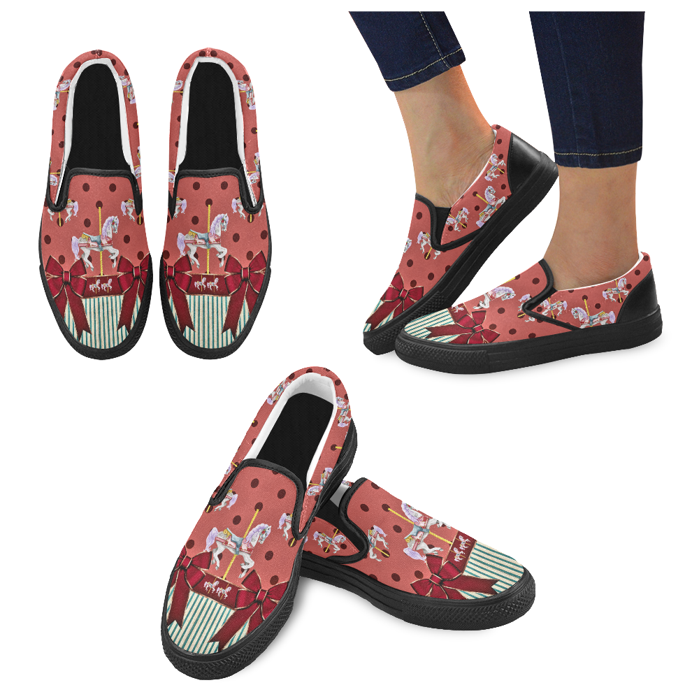 rockabilly carousel pony5 Women's Unusual Slip-on Canvas Shoes (Model 019)
