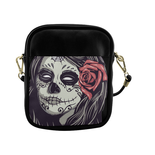 Sugar Skull Day of the Dead Girl Red Rose Sling Bag (Model 1627)