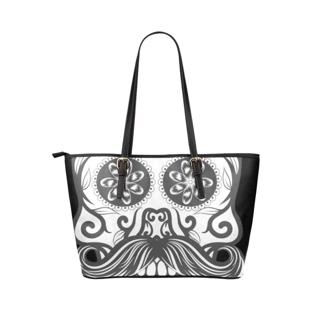 Sugar Skull Floral Pattern Beard Leather Tote Bag/Large (Model 1651)