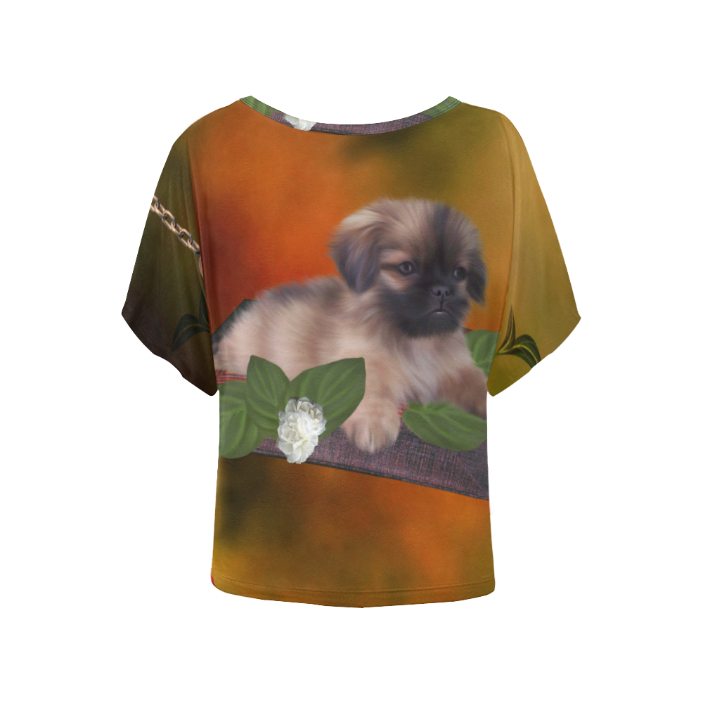 Cute lttle pekinese, dog Women's Batwing-Sleeved Blouse T shirt (Model T44)