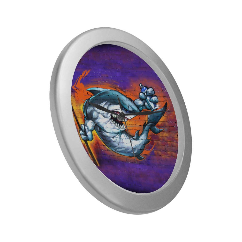 Graffiti Shark Brick Wall Silver Color Wall Clock