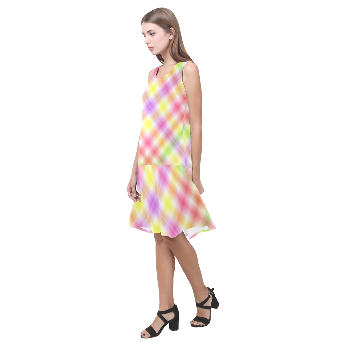 Multicolored Pastel Rainbow Tartan Plaid Sleeveless Splicing Shift Dress(Model D17)