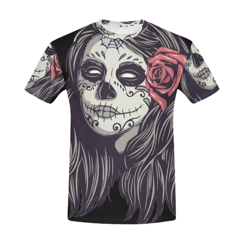Sugar Skull Day of the Dead Girl Red Rose All Over Print T-Shirt for Men (USA Size) (Model T40)