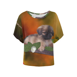 Cute lttle pekinese, dog Women's Batwing-Sleeved Blouse T shirt (Model T44)