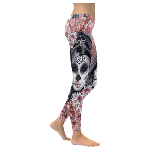 Skull Of A Pretty Flowers Lady Pattern Women's Low Rise Leggings (Invisible Stitch) (Model L05)