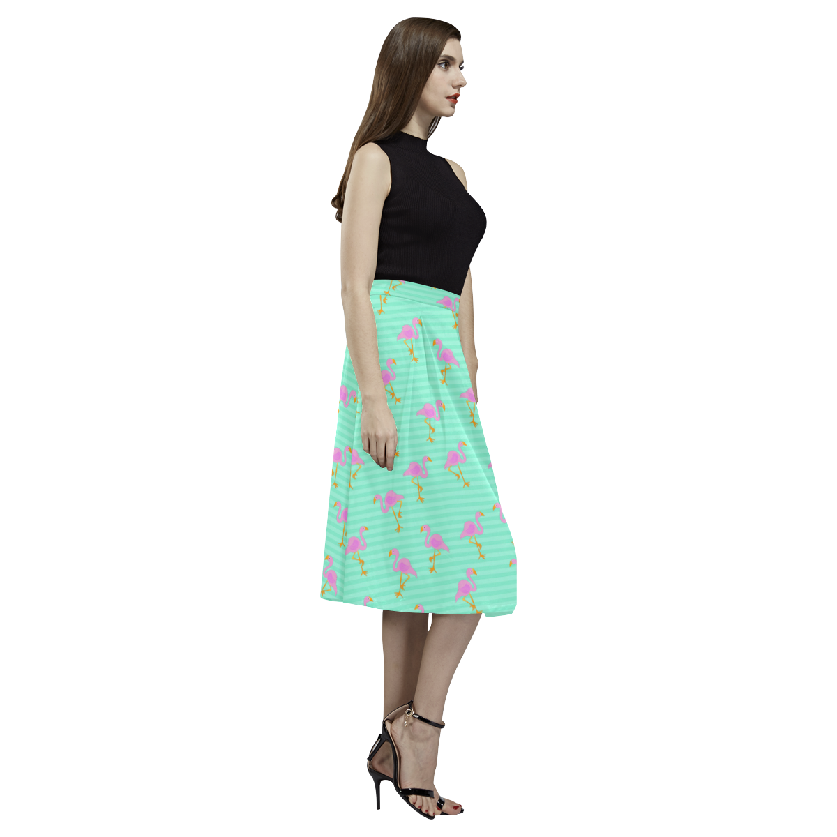 Pink and Green Flamingo Pattern Aoede Crepe Skirt (Model D16)