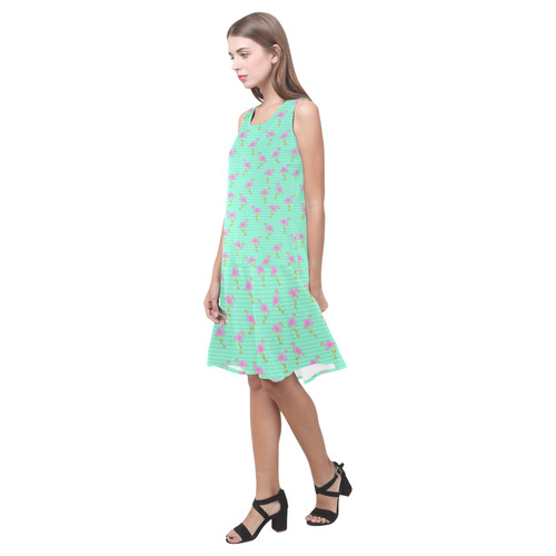 Pink and Green Flamingo Pattern Sleeveless Splicing Shift Dress(Model D17)