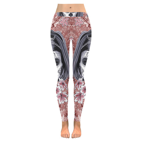 Skull Of A Pretty Flowers Lady Pattern Women's Low Rise Leggings (Invisible Stitch) (Model L05)