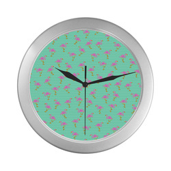 Pink and Green Flamingo Pattern Silver Color Wall Clock