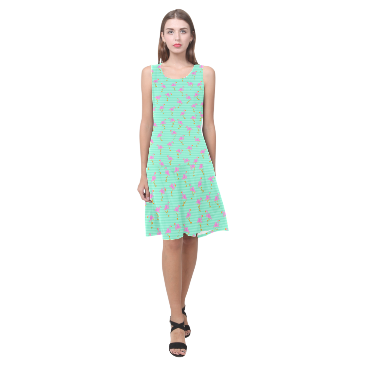 Pink and Green Flamingo Pattern Sleeveless Splicing Shift Dress(Model D17)