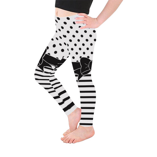 Polka Dots Stripes black white Comic Ribbon black Kid's Ankle Length Leggings (Model L06)