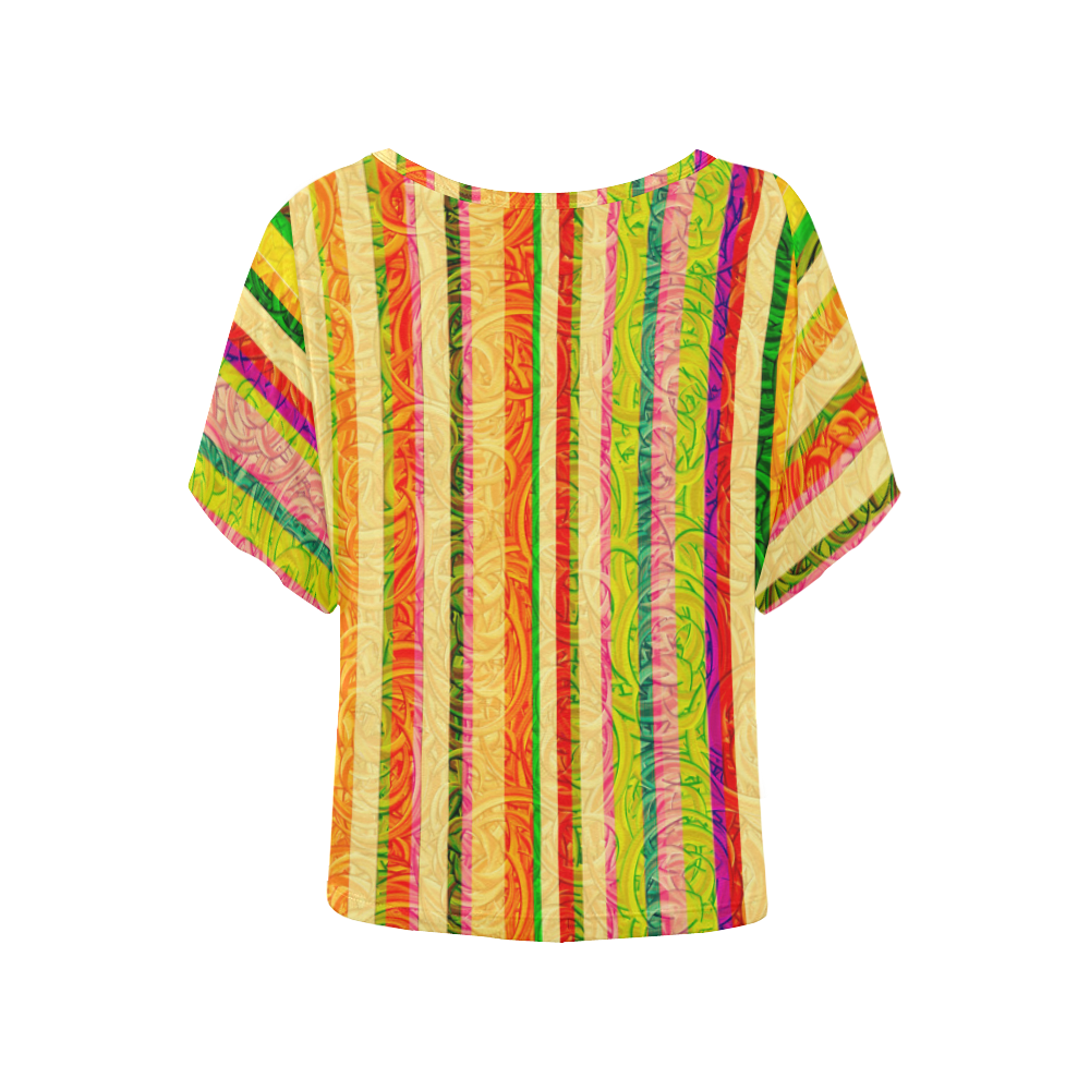 Colorful Stripes on Curls Pattern Women's Batwing-Sleeved Blouse T shirt (Model T44)