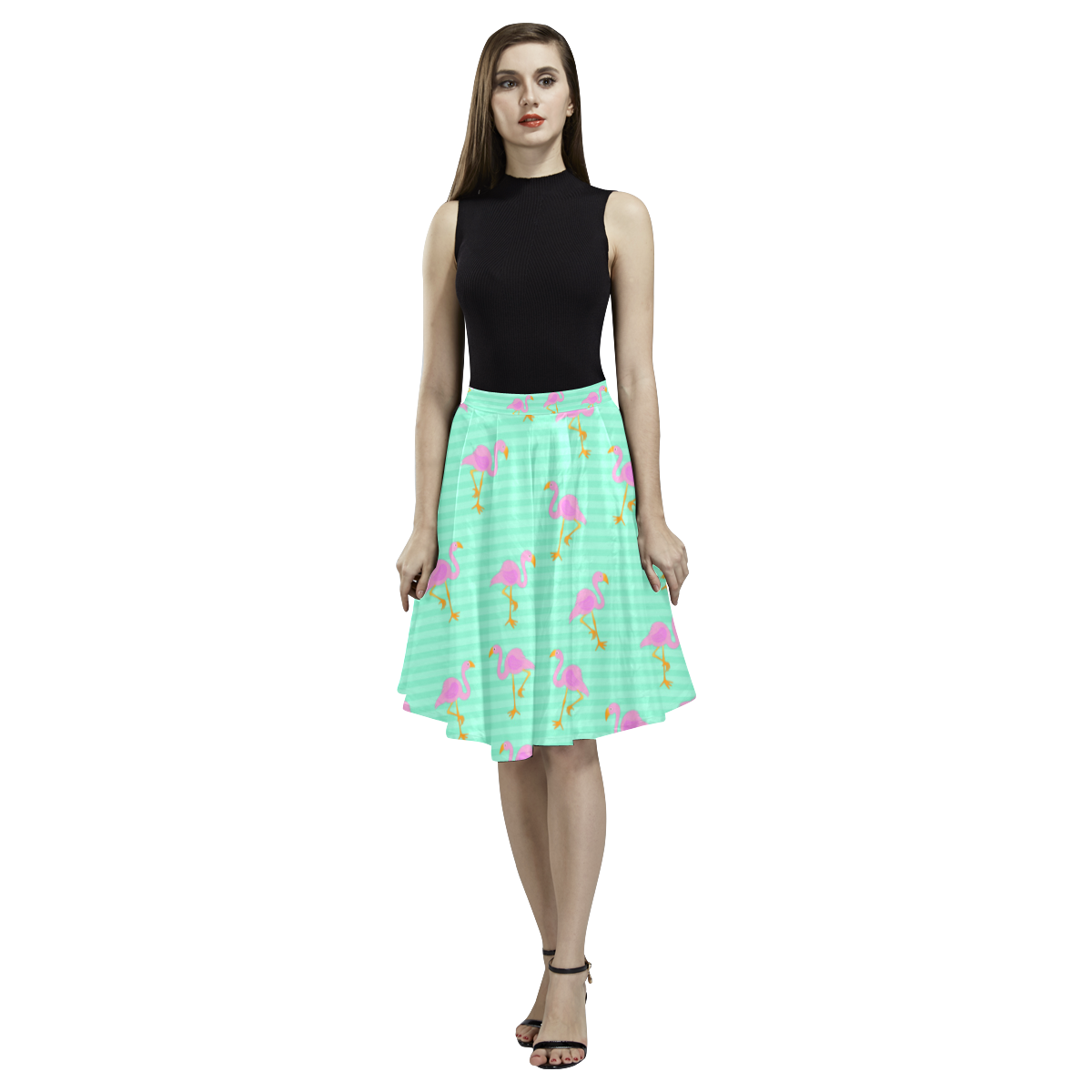 Pink and Green Flamingo Pattern Melete Pleated Midi Skirt (Model D15)
