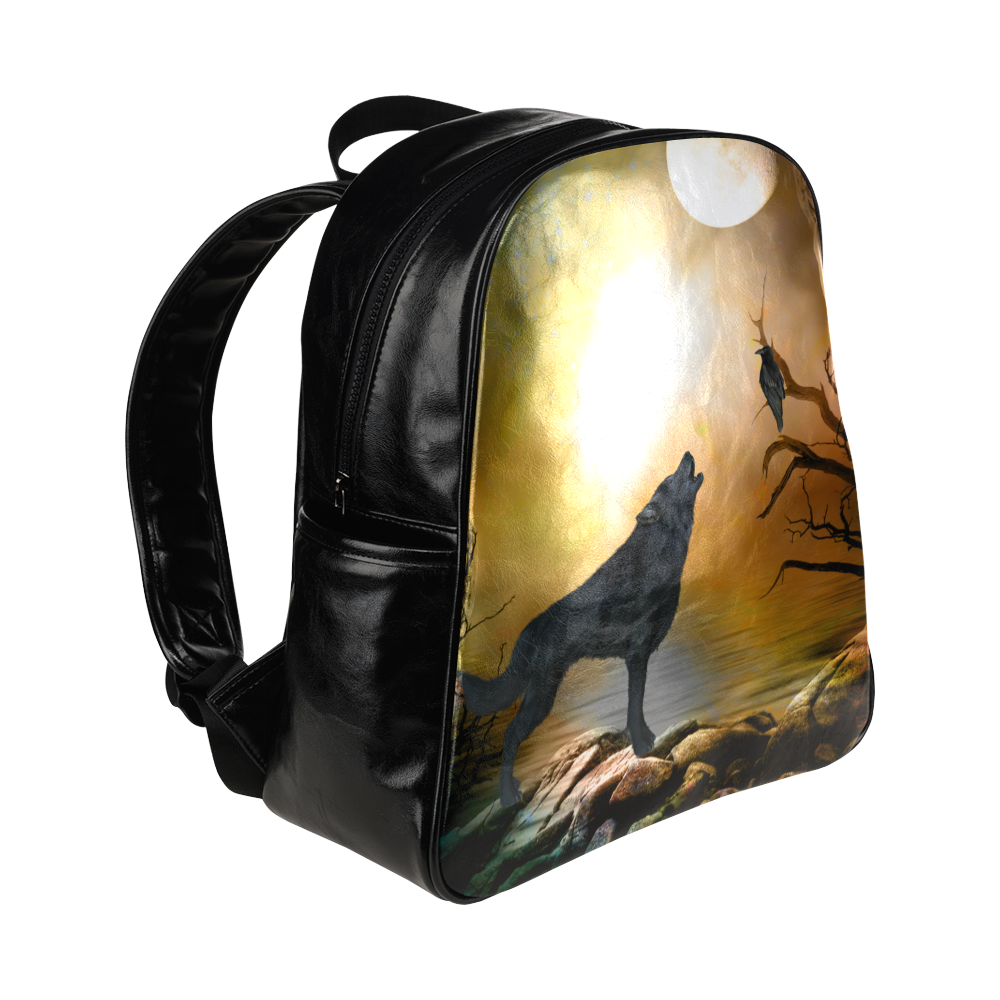 Lonely wolf in the night Multi-Pockets Backpack (Model 1636)