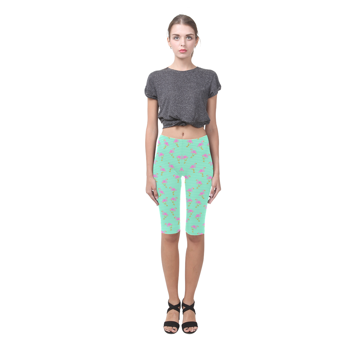 Pink and Green Flamingo Pattern Hestia Cropped Leggings (Model L03)