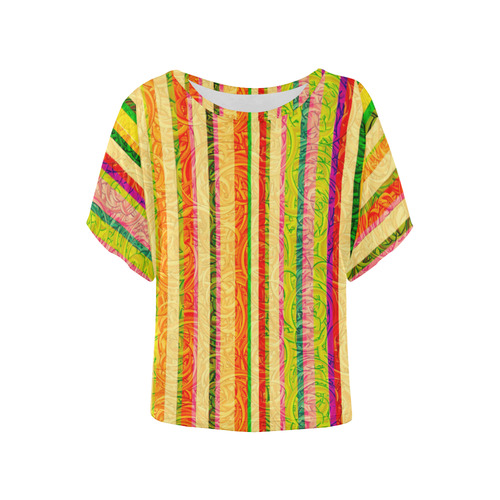 Colorful Stripes on Curls Pattern Women's Batwing-Sleeved Blouse T shirt (Model T44)