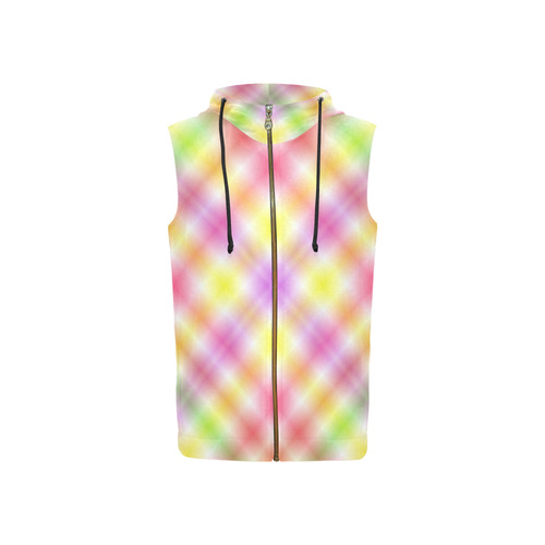 Multicolored Pastel Rainbow Tartan Plaid All Over Print Sleeveless Zip Up Hoodie for Women (Model H16)