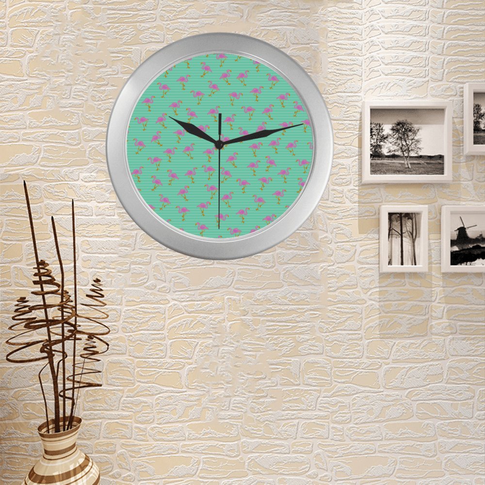 Pink and Green Flamingo Pattern Silver Color Wall Clock