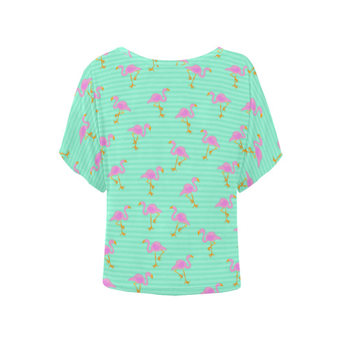 Pink and Green Flamingo Pattern Women's Batwing-Sleeved Blouse T shirt (Model T44)