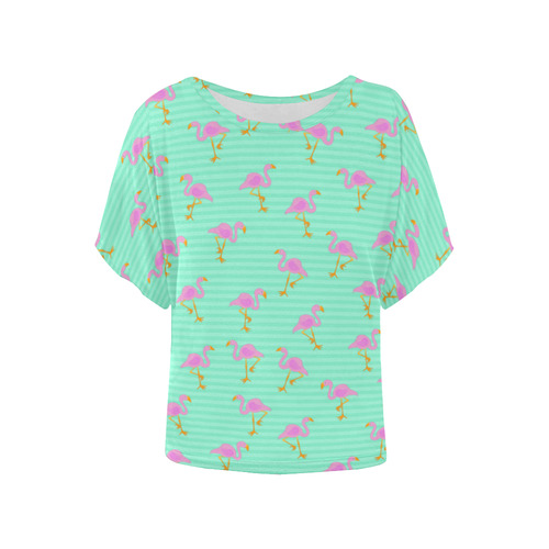 Pink and Green Flamingo Pattern Women's Batwing-Sleeved Blouse T shirt (Model T44)