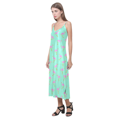 Pink and Green Flamingo Pattern V-Neck Open Fork Long Dress(Model D18)