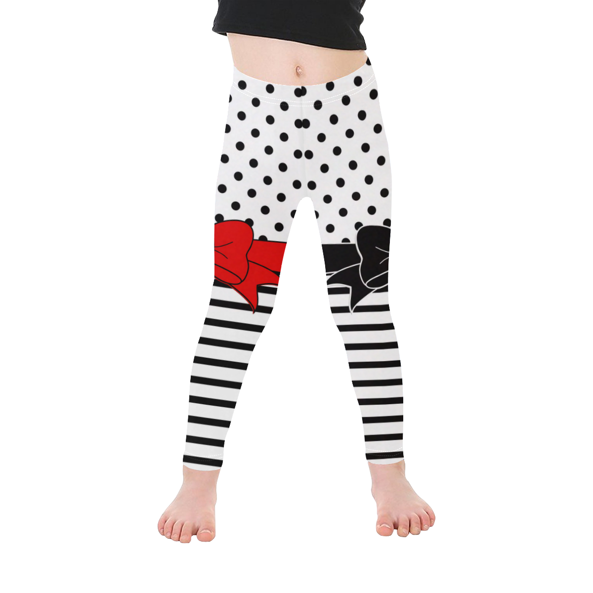 Polka Dots Stripes black white Comic Ribbon red Kid's Ankle Length Leggings (Model L06)