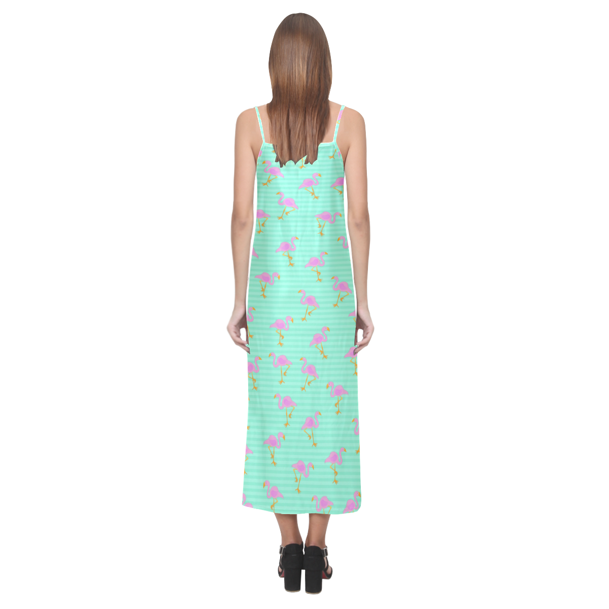 Pink and Green Flamingo Pattern V-Neck Open Fork Long Dress(Model D18)