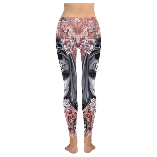 Skull Of A Pretty Flowers Lady Pattern Women's Low Rise Leggings (Invisible Stitch) (Model L05)
